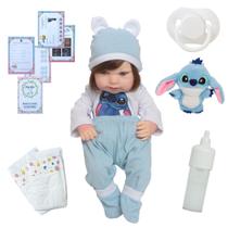 Boneca Reborn Stitch com Cabelo Castanho Fio a Fio e Pelúcia