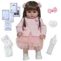 Boneca Reborn Valentina Conjunto Rosa 14 Itens Pode Banho