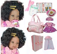 Boneca Reborne Bebê Realista Negra Silicone Kit Acessórios Enxoval Lol Brinquedo Original Menina Maria Clara Siliconado Realista Bebe Baby Reborn - Carinha de Anjo