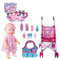 Boneca Sapekinha Faz Xixi Fralda + Carrinho Bolsinha Jantar