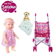 Boneca Sapekinha Faz Xixi + Naninha Pelúcia Urso e Carrinho