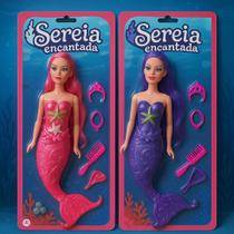 Boneca Sereia Encantada Cabelo com Luz e Acessórios Infantil Brinquedo Menina AKT2917
