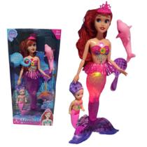 Boneca Sereia Tipo Ariel com Musica Luz Na Cauda e Golfinho - Mermaid