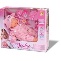 Boneca Sophie Naninha Bebê Estilo Oriental com Chupeta, Copinho e Kit Pratinho com Talheres