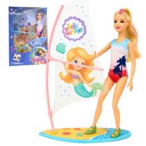 Boneca Surfista Com Acessórios Prancha Windsurf Brinquedo Menina Agua Verao Presente