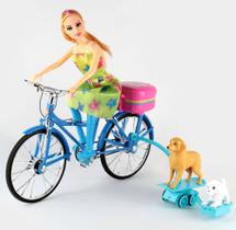 Boneca tipo Barbie Ciclista Com Cachorros Bicicleta Com Pets Skate