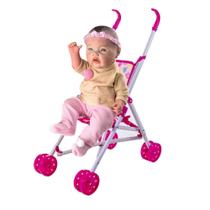 Boneca Tipo Reborn Bebe Menina Realista Vinil +Carrinho Rosa