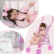 Boneca Tipo Reborn Cabelo Castanho Com Carrinho Infantil