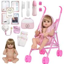 Boneca Tipo Reborn de Silicone Princesa Loira 46cm Carrinho