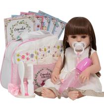 Boneca Tipo Reborn Gatinha Vestido Bege Com Vários Itens Boneca Tipo Reborn Gatinha Vestido Bege Com Vários Itens