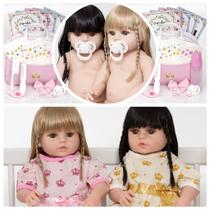 Boneca Tipo Reborn Gêmeas Cabelo Longo + Enxoval Completo