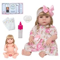 Boneca Tipo Reborn Loira Cabelo Longo Com Vários Itens
