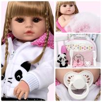Boneca Tipo Reborn Panda Corpo Inteiro Silicone 52cm + Itens