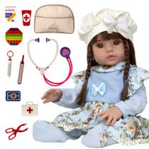 Boneca Tipo Reborn Susi 100% Silicone Roupa Azul e Enxoval Boneca Tipo Reborn Susi 100% Silicone Roupa Azul e Enxoval