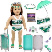 Boneca Travel Set Suitcase,Travel Luggage Doll Acessórios com Mala Verde, Câmera, Óculos de Sol, Biquíni, Chinelos, Notebook, Guarda-Chuva para Bonecas Garotas Americanas