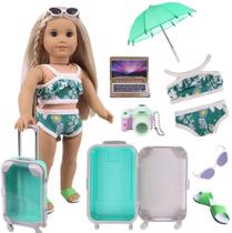Boneca Travel Set Suitcase,Travel Luggage Doll Acessórios com Mala Verde, Câmera, Óculos de Sol, Biquíni, Chinelos, Notebook, Guarda-Chuva para Bonecas Garotas Americanas
