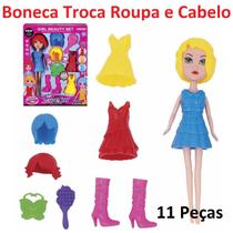 Boneca Troca Roupa Cabelo Sapato Fashion + Acessórios 11 Peças Brinquedo Casinha Menina Presente