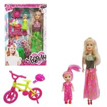 Boneca Troca Roupa Vestido Mae E Filha Com Bicicleta 7 Peças