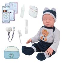 Boneca Ursinho Azul Olhos Fechados com Bolsa e Mamadeira
