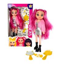 Boneca Violet Pink 30cm com Acessórios como Pente Espelho e Prendedores de Cabelo - Anjo Brinquedos