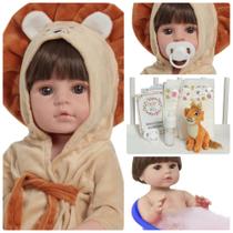 Boneco Bebê Reborn Corpo 100% Vinil Enxoval Leão 12 Itens
