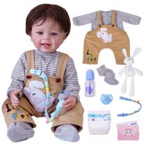 Boneco Bebê Reborn Realista Brastoy Original 48cm Silicone Kit Acessórios Conjunto de Roupa Chupeta Mamadeira e Pelúcia