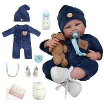 Boneco Bebê Reborn Silicone Realista 48cm Original Kit Acessórios Conjunto Roupa Mamadeira Chupeta Pelúcia Fralda