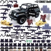 Boneco Blocos De Montar Super Kit 12 Soldados Swat Jeep Big - Mega Block Toys