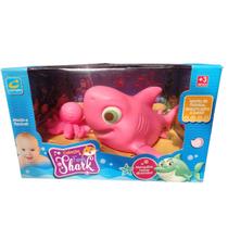 Boneco Brinquedo Banho Mordedor Grande Tubarão Family Shark Sem Ftalatos Macio e Flexível Caixa com 02 Bichinhos - ROSA