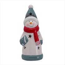 Boneco De Neve Cerâmica LED C/ Cachecol Decoração Natal 17cm