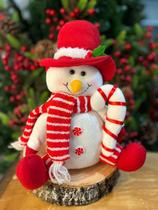 Boneco de Neve Natal Sentado Bengala Vermelho e Branco 28cm