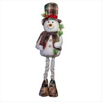 Boneco De Neve Perna Retrátil Com Cartola E Cachecol Xadrez Marrom Enfeite Natalino Tecido Algodão 90Cm