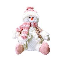 Boneco de Neve Sentado Rose em Tecido Trico Decoração Luxuosa 32cm