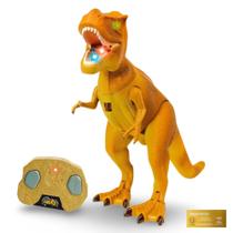 Boneco Dino Tiranossauro Rex Controle Infravermelho DM Toys Anda Mexe Cabeca com Luz e Som 30cm
