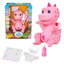 Boneco Dinossauro F Xixi Rosa + Mamadeira Fralda E Babador