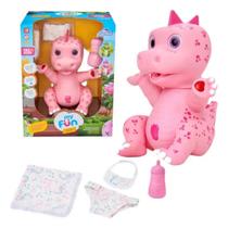 Boneco Dinossauro Rosa Girls Faz Xixi Mamadeira Fralda e Babador Adijomar