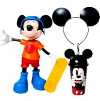Boneco do Mickey Skatista com Som Elka Tiara e Copo de Orelhas Disney