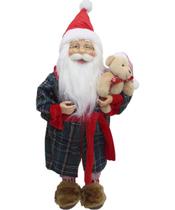 Boneco Papai Noel Decoração Pijama Roupão Com Ursinho 50cm Boneco Papai Noel Decoração Pijama Roupão Com Ursinho 50cm