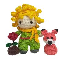 Boneco Pequeno Princípe + Raposa + Rosa de Crochê 17cm