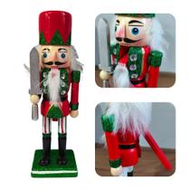 Boneco QuebraNozes Decorativo Natalino em Madeira Pintada Vermelho e Verde com Glitter 19Cm