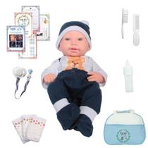 Boneco Realista Ursinho Azul Careca com Bolsa e Mamadeira