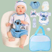 Boneco Reborn Bebê Menino Saskia Stitch Realista Original de Silicone Com Bolsa Maternidade