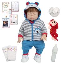 Boneco Reborn Bebê Realista Conjunto Macaco Com Itens