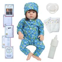 Boneco Reborn Fio a Fio Príncipe Com Itens Macacão Dino Boneco Reborn Fio a Fio Príncipe Com Itens Macacão Dino