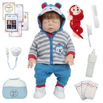 Boneco Reborn Fio a Fio Roupa Macaco Com Bolsa 17 Itens