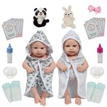 Boneco Reborn Gêmeos Casal Saída de Banho Panda Coelhinho Boneco Reborn Gêmeos Casal Saída de Banho Panda Coelhinho