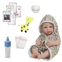 Boneco Reborn Masculino Careca Saída de Banho Girafa Itens Boneco Reborn Masculino Careca Saída de Banho Girafa Itens