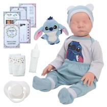 Boneco Reborn Menino Stitch Azul com Roupa e Pelúcia Fofa