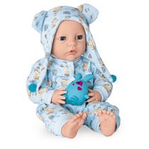 Boneco Reborn New Born menino com Pijaminha Azul mamadeira
