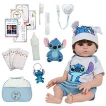 Boneco Tipo Reborn Masculino Roupa Stitch Enxoval Completo